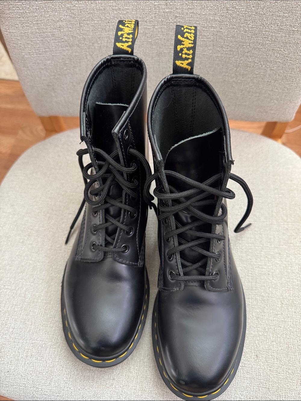 Dr. Martens Black Leather Lace-Up Ankle Boots with Yellow Stitching